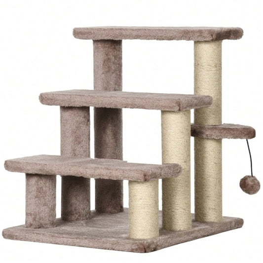 PawHut 3-stufige Haustiertreppe mit Kratzfunktion, Katzentreppe mit Spielball & Sisalfläche, bis 5 kg Belastung, Für Sofa und Bett, 48 cm hoch, Braun