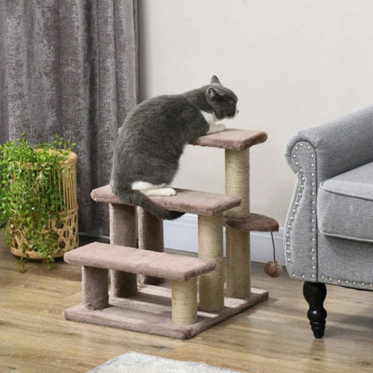 PawHut 3-stufige Haustiertreppe mit Kratzfunktion, Katzentreppe mit Spielball & Sisalfläche, bis 5 kg Belastung, Für Sofa und Bett, 48 cm hoch, Braun