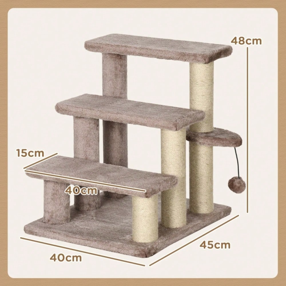 PawHut 3-stufige Haustiertreppe mit Kratzfunktion, Katzentreppe mit Spielball & Sisalfläche, bis 5 kg Belastung, Für Sofa und Bett, 48 cm hoch, Braun