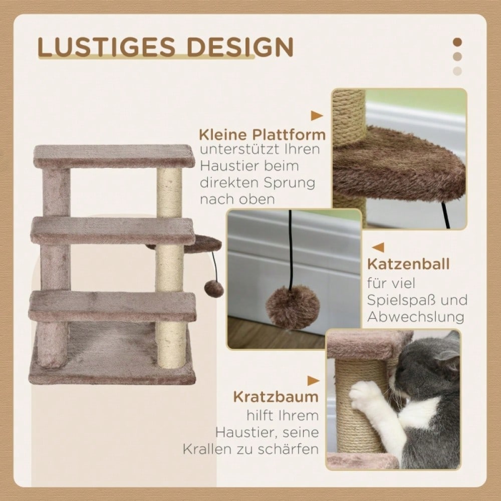 PawHut 3-stufige Haustiertreppe mit Kratzfunktion, Katzentreppe mit Spielball & Sisalfläche, bis 5 kg Belastung, Für Sofa und Bett, 48 cm hoch, Braun