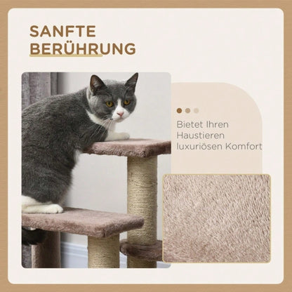 PawHut 3-stufige Haustiertreppe mit Kratzfunktion, Katzentreppe mit Spielball & Sisalfläche, bis 5 kg Belastung, Für Sofa und Bett, 48 cm hoch, Braun