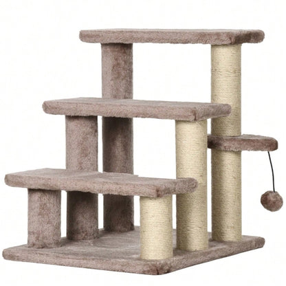 PawHut 3-stufige Haustiertreppe mit Kratzfunktion, Katzentreppe mit Spielball & Sisalfläche, bis 5 kg Belastung, Für Sofa und Bett, 48 cm hoch, Braun