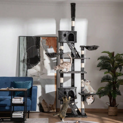 PawHut Kratzbaum Deckenhoch 240-260 cm, Höhenverstellbarer Katzenkratzbaum für große Katzen, Kletterbaum mit Sisalstämmen & Liegefläche, Katzenschlafplatz, Dunkelgrau