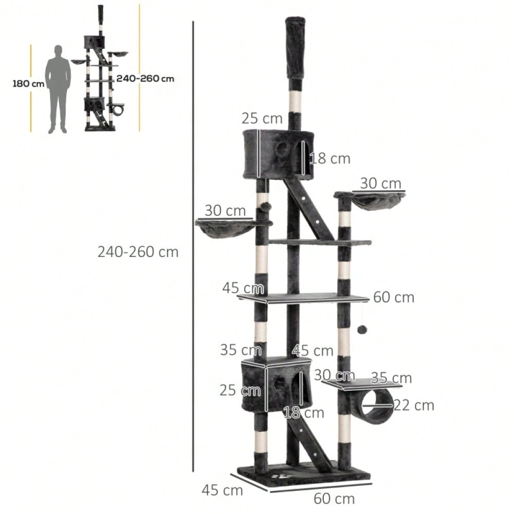 PawHut Kratzbaum Deckenhoch 240-260 cm, Höhenverstellbarer Katzenkratzbaum für große Katzen, Kletterbaum mit Sisalstämmen & Liegefläche, Katzenschlafplatz, Dunkelgrau