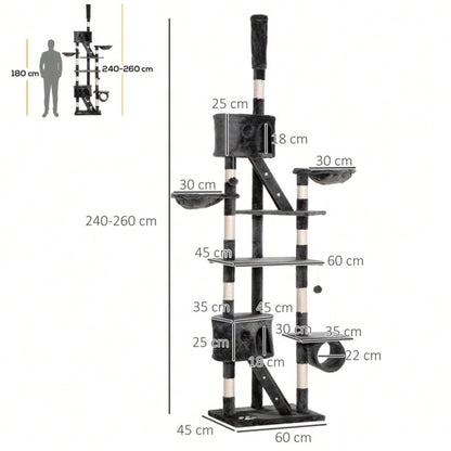 PawHut Kratzbaum Deckenhoch 240-260 cm, Höhenverstellbarer Katzenkratzbaum für große Katzen, Kletterbaum mit Sisalstämmen & Liegefläche, Katzenschlafplatz, Dunkelgrau