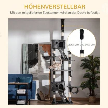 PawHut Kratzbaum Deckenhoch 240-260 cm, Höhenverstellbarer Katzenkratzbaum für große Katzen, Kletterbaum mit Sisalstämmen & Liegefläche, Katzenschlafplatz, Dunkelgrau