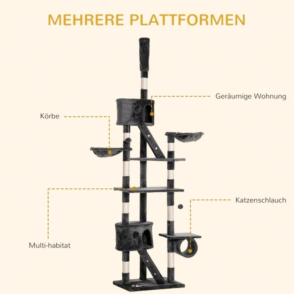 PawHut Kratzbaum Deckenhoch 240-260 cm, Höhenverstellbarer Katzenkratzbaum für große Katzen, Kletterbaum mit Sisalstämmen & Liegefläche, Katzenschlafplatz, Dunkelgrau