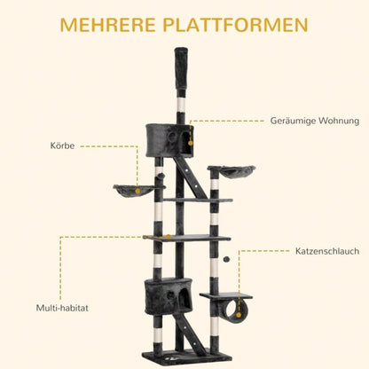 PawHut Kratzbaum Deckenhoch 240-260 cm, Höhenverstellbarer Katzenkratzbaum für große Katzen, Kletterbaum mit Sisalstämmen & Liegefläche, Katzenschlafplatz, Dunkelgrau