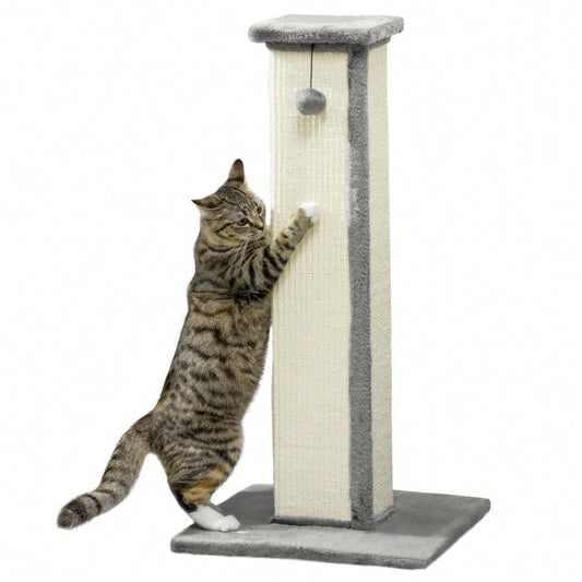 PawHut Kratzsäule aus Sisal 81 cm hoch, Kratzstamm mit Spielball für Katzen bis 5 kg, Kratzmöbel für die Wohnung, Katzenspielzeug, Grau/Creme