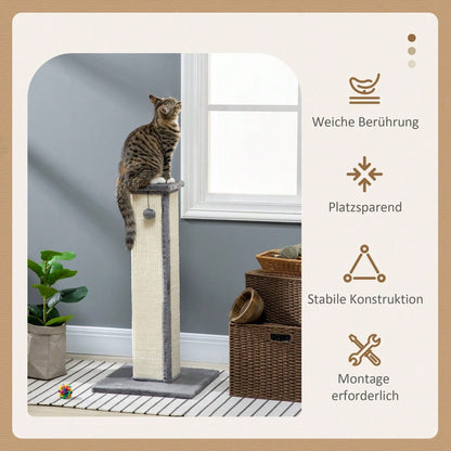 PawHut Kratzsäule aus Sisal 81 cm hoch, Kratzstamm mit Spielball für Katzen bis 5 kg, Kratzmöbel für die Wohnung, Katzenspielzeug, Grau/Creme