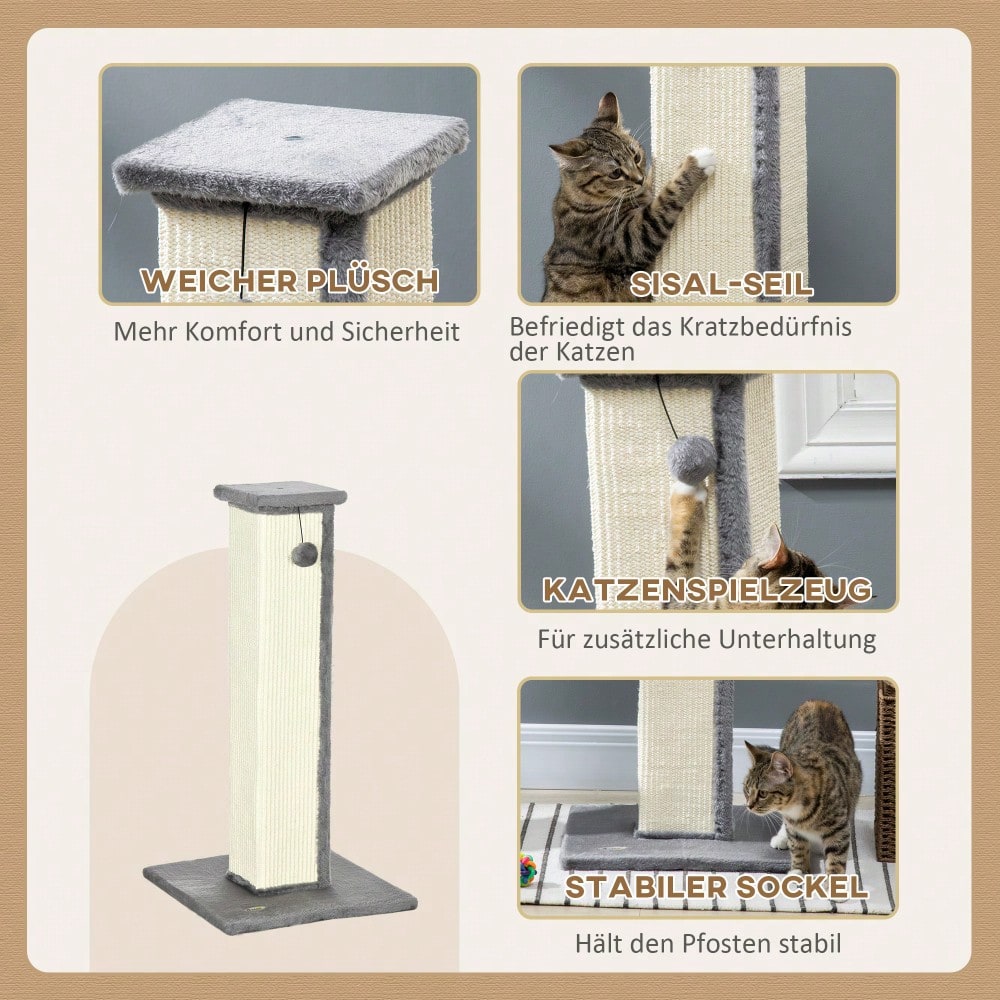 PawHut Kratzsäule aus Sisal 81 cm hoch, Kratzstamm mit Spielball für Katzen bis 5 kg, Kratzmöbel für die Wohnung, Katzenspielzeug, Grau/Creme