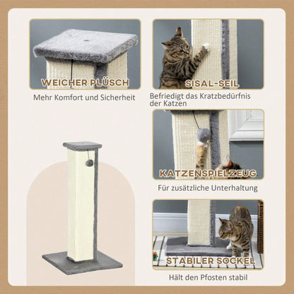 PawHut Kratzsäule aus Sisal 81 cm hoch, Kratzstamm mit Spielball für Katzen bis 5 kg, Kratzmöbel für die Wohnung, Katzenspielzeug, Grau/Creme