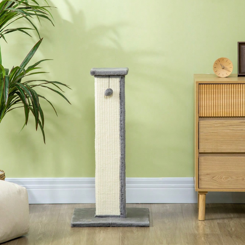 PawHut Kratzsäule aus Sisal 81 cm hoch, Kratzstamm mit Spielball für Katzen bis 5 kg, Kratzmöbel für die Wohnung, Katzenspielzeug, Grau/Creme