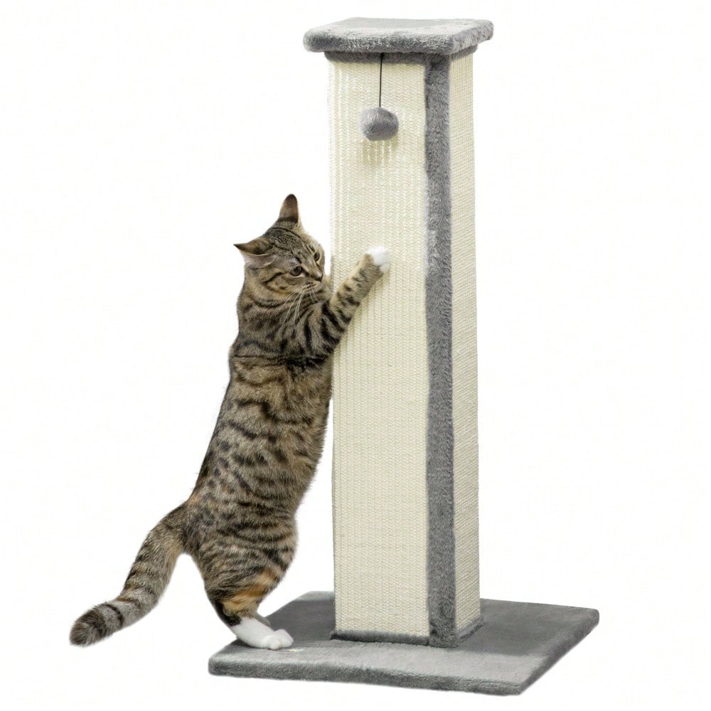 PawHut Kratzsäule aus Sisal 81 cm hoch, Kratzstamm mit Spielball für Katzen bis 5 kg, Kratzmöbel für die Wohnung, Katzenspielzeug, Grau/Creme