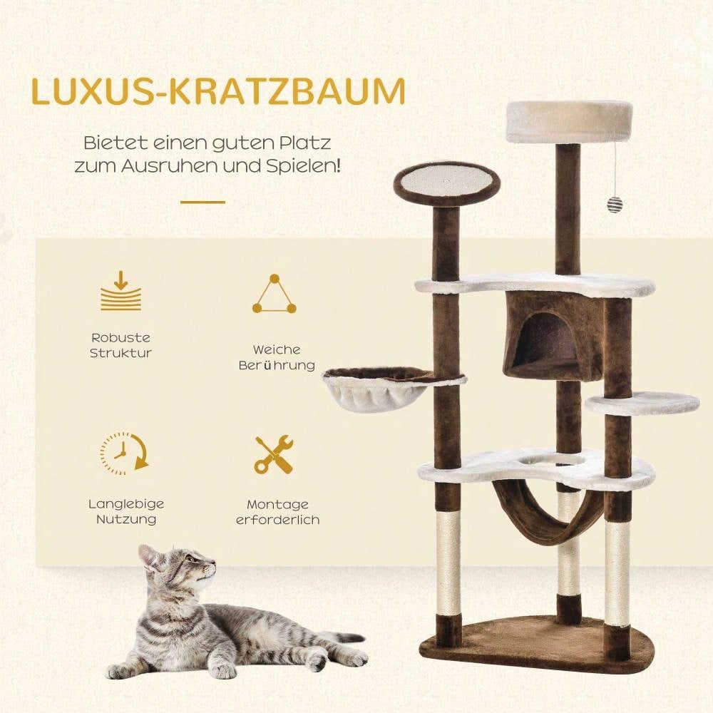 PawHut XXL Kratzbaum 153 cm mit Katzenhöhle & Hängematte, Großer Kletterbaum mit Sisalstämmen und Plüsch-Liegeflächen, Für große Katzen, Braun
