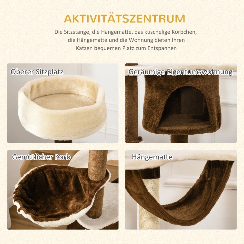 PawHut XXL Kratzbaum 153 cm mit Katzenhöhle & Hängematte, Großer Kletterbaum mit Sisalstämmen und Plüsch-Liegeflächen, Für große Katzen, Braun