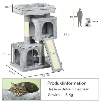 PawHut Katzenbaum mit Sisalsäulen & Kratzbrett, Kratzmöbel für große Katzen bis 30 kg, Stabiler Kletterbaum mit Liegefläche, Für die Wohnung, 83 cm hoch, Hellgrau