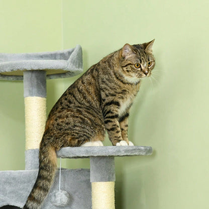 PawHut XXL Kratzbaum 200 cm Höhe mit 2 Katzenhöhlen & Hängematten, Stabiler Kletterbaum für große Katzen bis 15 kg, Katzenschlafplatz, Hellgrau