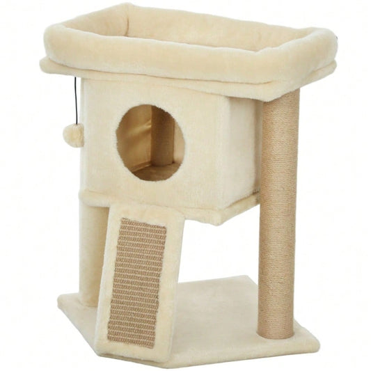 PawHut Kratzbaum mit Jute-Kratzmatte, Katzenhaus mit Liegeplattform & Spielball, Kratzmöbel für kleine Katzen, Für die Wohnung, 57 cm hoch, Beige