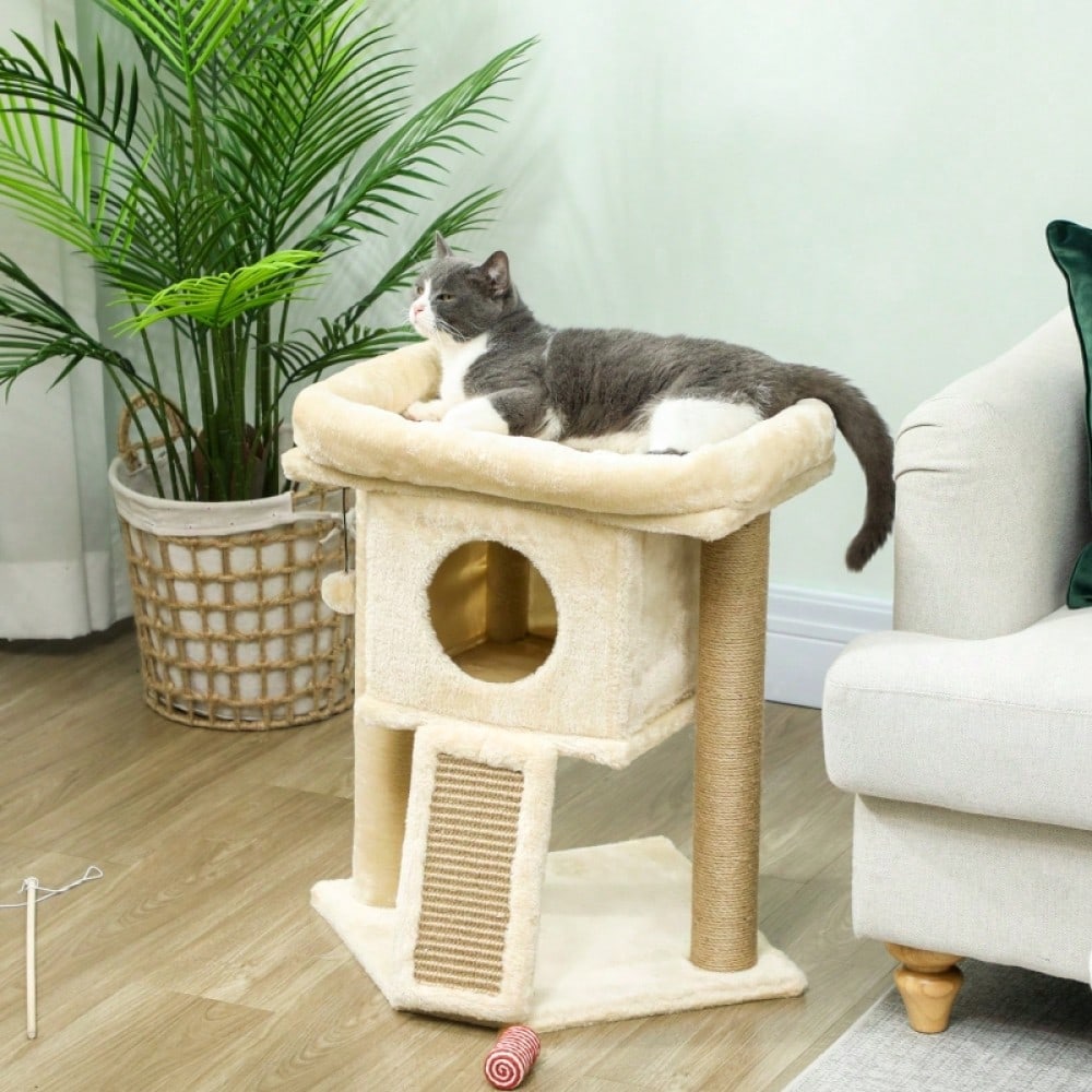 PawHut Kratzbaum mit Jute-Kratzmatte, Katzenhaus mit Liegeplattform & Spielball, Kratzmöbel für kleine Katzen, Für die Wohnung, 57 cm hoch, Beige