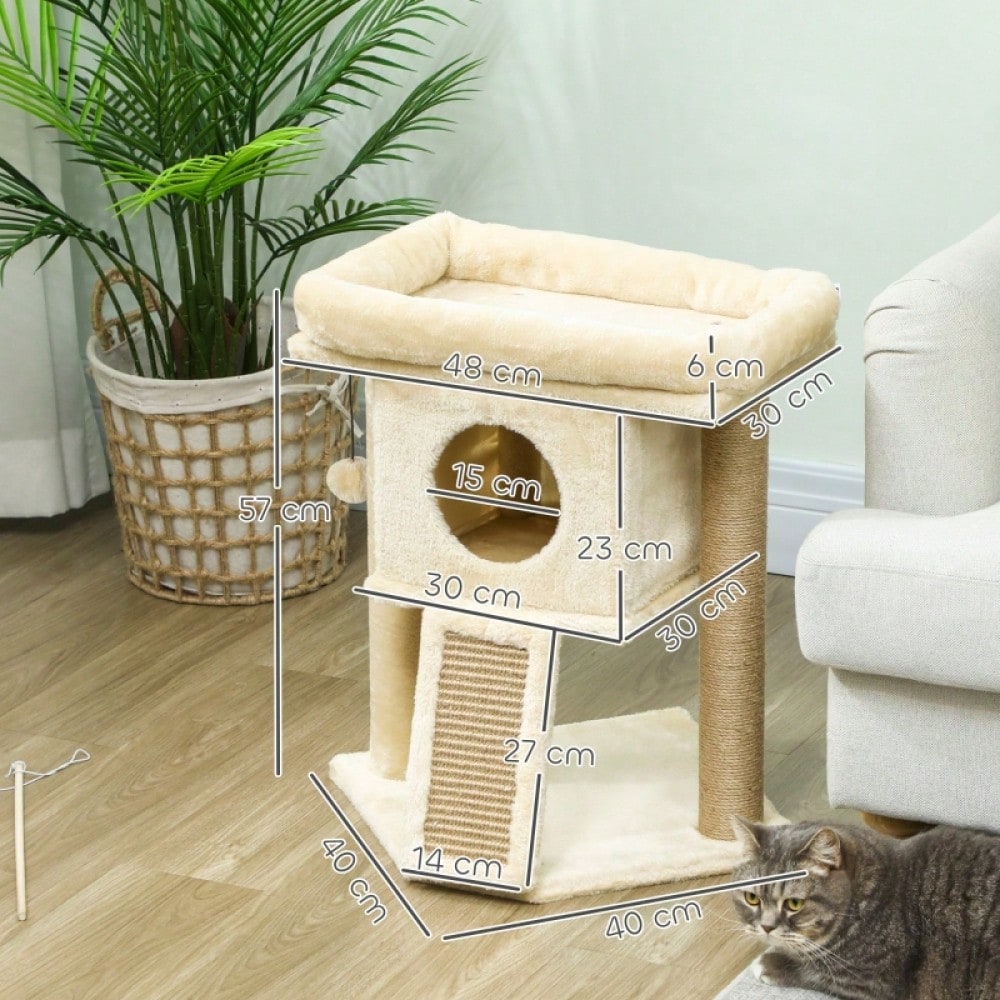 PawHut Kratzbaum mit Jute-Kratzmatte, Katzenhaus mit Liegeplattform & Spielball, Kratzmöbel für kleine Katzen, Für die Wohnung, 57 cm hoch, Beige