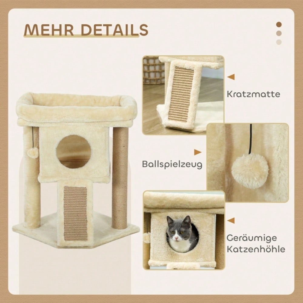 PawHut Kratzbaum mit Jute-Kratzmatte, Katzenhaus mit Liegeplattform & Spielball, Kratzmöbel für kleine Katzen, Für die Wohnung, 57 cm hoch, Beige