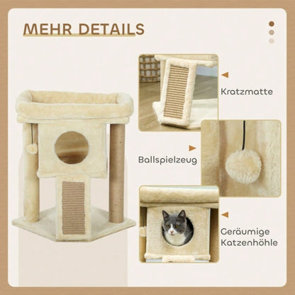 PawHut Kratzbaum mit Jute-Kratzmatte, Katzenhaus mit Liegeplattform & Spielball, Kratzmöbel für kleine Katzen, Für die Wohnung, 57 cm hoch, Beige