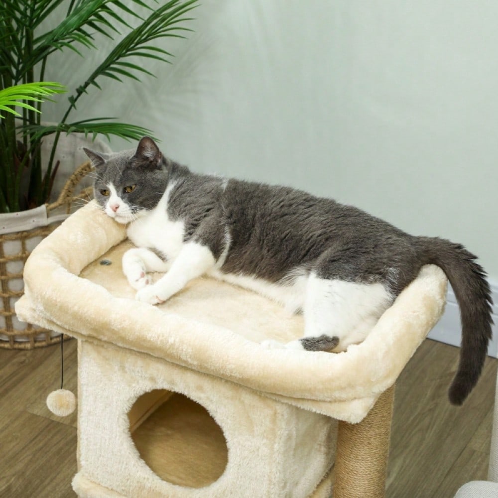 PawHut Kratzbaum mit Jute-Kratzmatte, Katzenhaus mit Liegeplattform & Spielball, Kratzmöbel für kleine Katzen, Für die Wohnung, 57 cm hoch, Beige