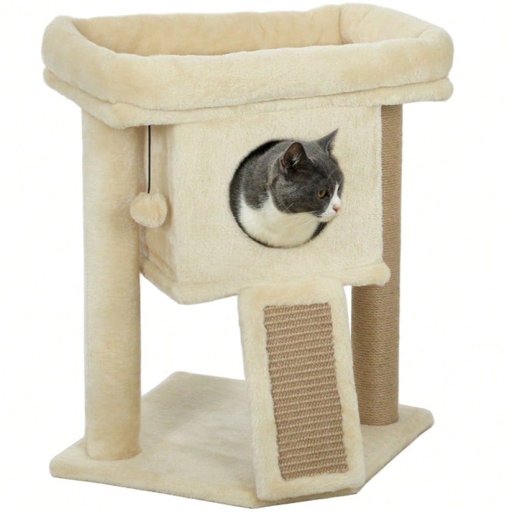 PawHut Kratzbaum mit Jute-Kratzmatte, Katzenhaus mit Liegeplattform & Spielball, Kratzmöbel für kleine Katzen, Für die Wohnung, 57 cm hoch, Beige