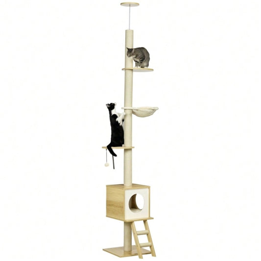 PawHut Kratzbaum deckenhoch 260 cm mit Katzenhaus, 2 Plattformen & Hängematte, Höhenverstellbar mit Kippschutz, Für große Katzen, Für die Wohnung, Hellbraun/Beige