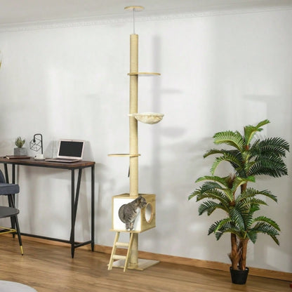 PawHut Kratzbaum deckenhoch 260 cm mit Katzenhaus, 2 Plattformen & Hängematte, Höhenverstellbar mit Kippschutz, Für große Katzen, Für die Wohnung, Hellbraun/Beige
