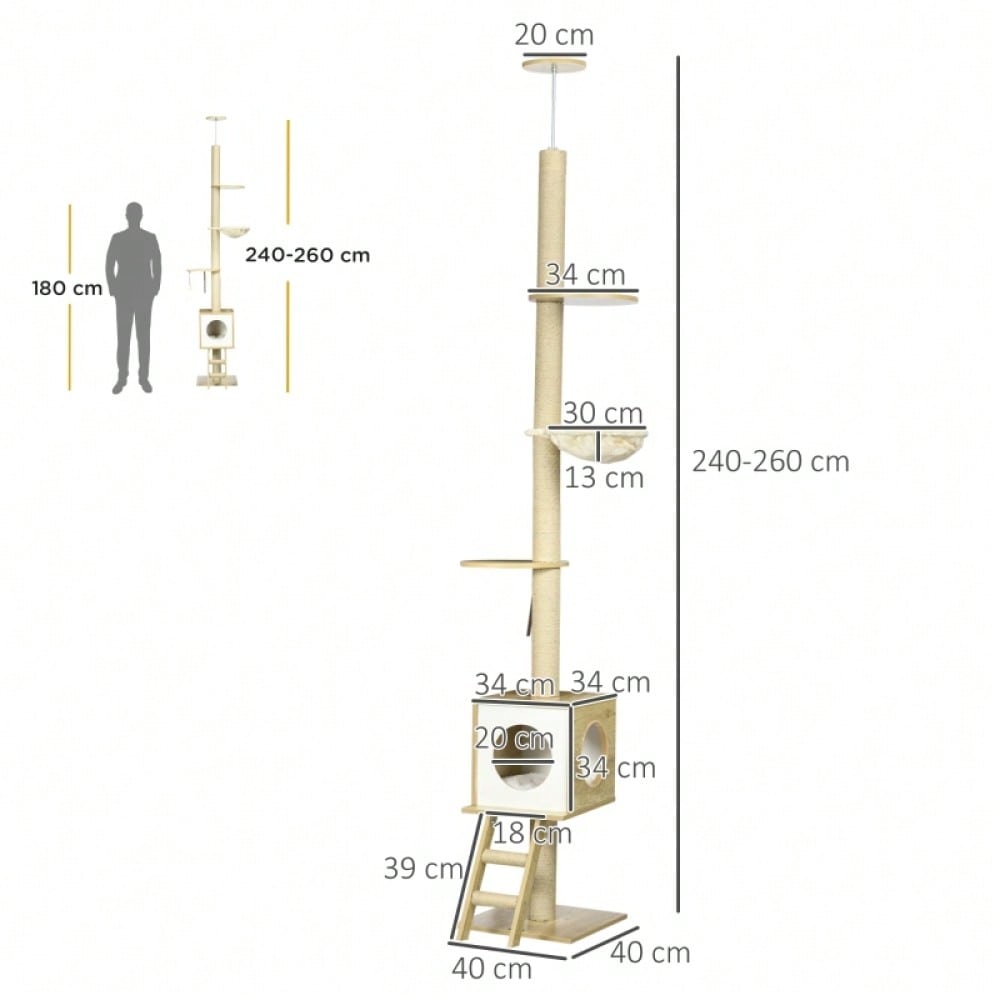 PawHut Kratzbaum deckenhoch 260 cm mit Katzenhaus, 2 Plattformen & Hängematte, Höhenverstellbar mit Kippschutz, Für große Katzen, Für die Wohnung, Hellbraun/Beige