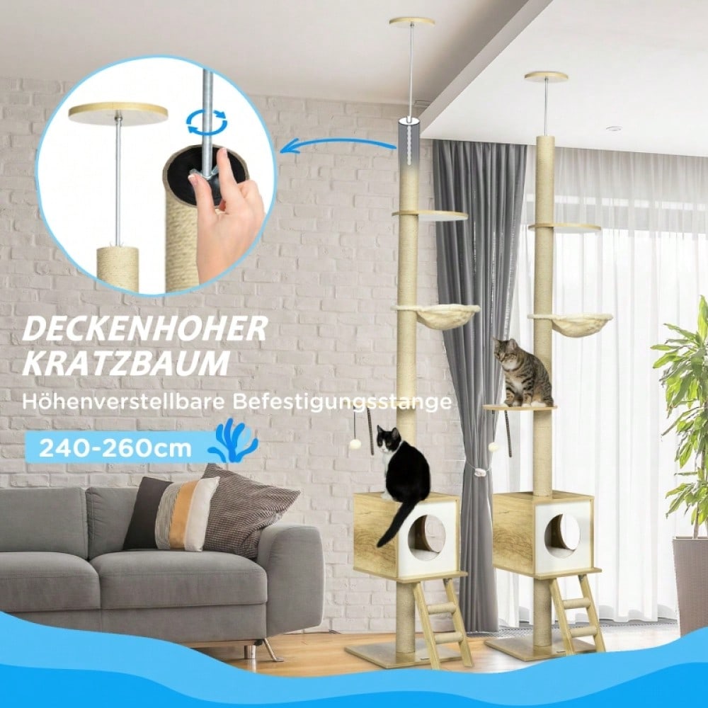 PawHut Kratzbaum deckenhoch 260 cm mit Katzenhaus, 2 Plattformen & Hängematte, Höhenverstellbar mit Kippschutz, Für große Katzen, Für die Wohnung, Hellbraun/Beige