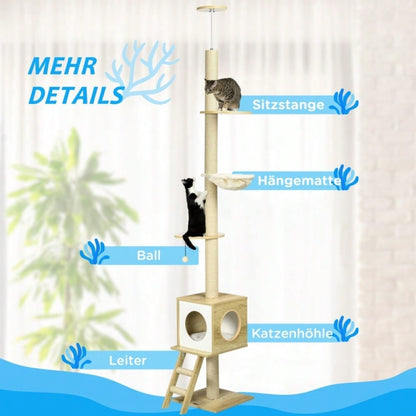 PawHut Kratzbaum deckenhoch 260 cm mit Katzenhaus, 2 Plattformen & Hängematte, Höhenverstellbar mit Kippschutz, Für große Katzen, Für die Wohnung, Hellbraun/Beige