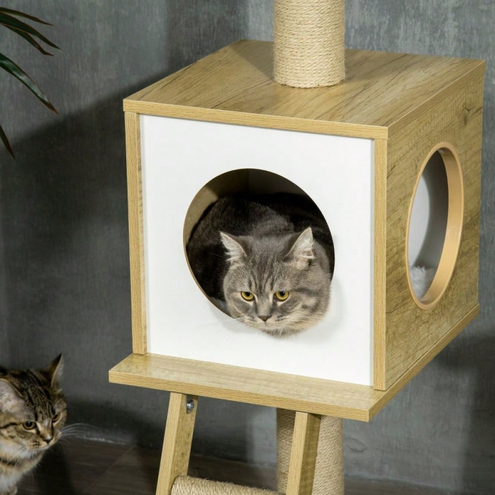 PawHut Kratzbaum deckenhoch 260 cm mit Katzenhaus, 2 Plattformen & Hängematte, Höhenverstellbar mit Kippschutz, Für große Katzen, Für die Wohnung, Hellbraun/Beige
