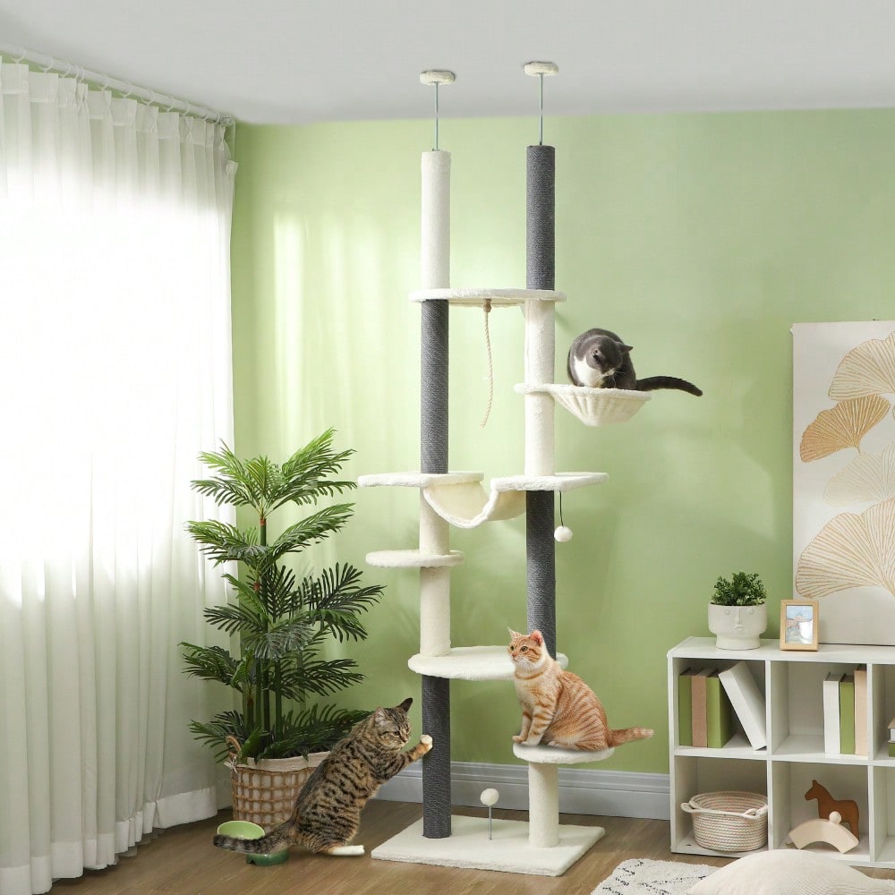 PawHut Kratzbaum Deckenhoch 225-255 cm Höhe, Höhenverstellbarer Katzenbaum mit 2 Hängematten, Kratzstämmen & Spielball, Mit Kippschutz für große Katzen, Weiß