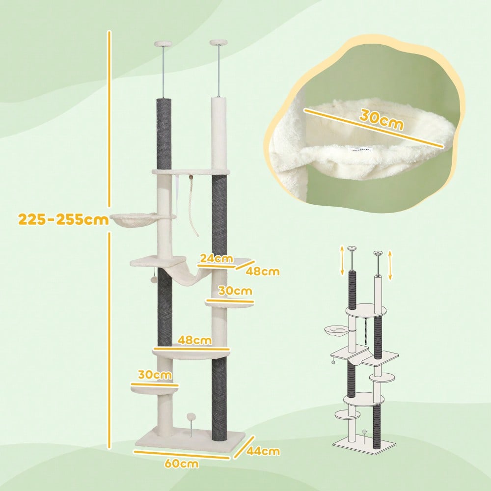 PawHut Kratzbaum Deckenhoch 225-255 cm Höhe, Höhenverstellbarer Katzenbaum mit 2 Hängematten, Kratzstämmen & Spielball, Mit Kippschutz für große Katzen, Weiß