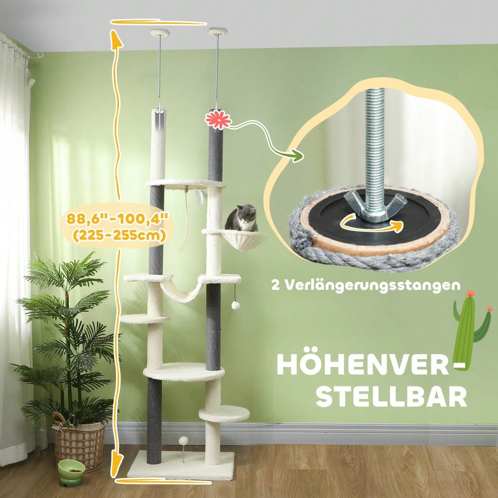 PawHut Kratzbaum Deckenhoch 225-255 cm Höhe, Höhenverstellbarer Katzenbaum mit 2 Hängematten, Kratzstämmen & Spielball, Mit Kippschutz für große Katzen, Weiß