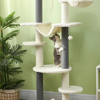 PawHut Kratzbaum Deckenhoch 225-255 cm Höhe, Höhenverstellbarer Katzenbaum mit 2 Hängematten, Kratzstämmen & Spielball, Mit Kippschutz für große Katzen, Weiß