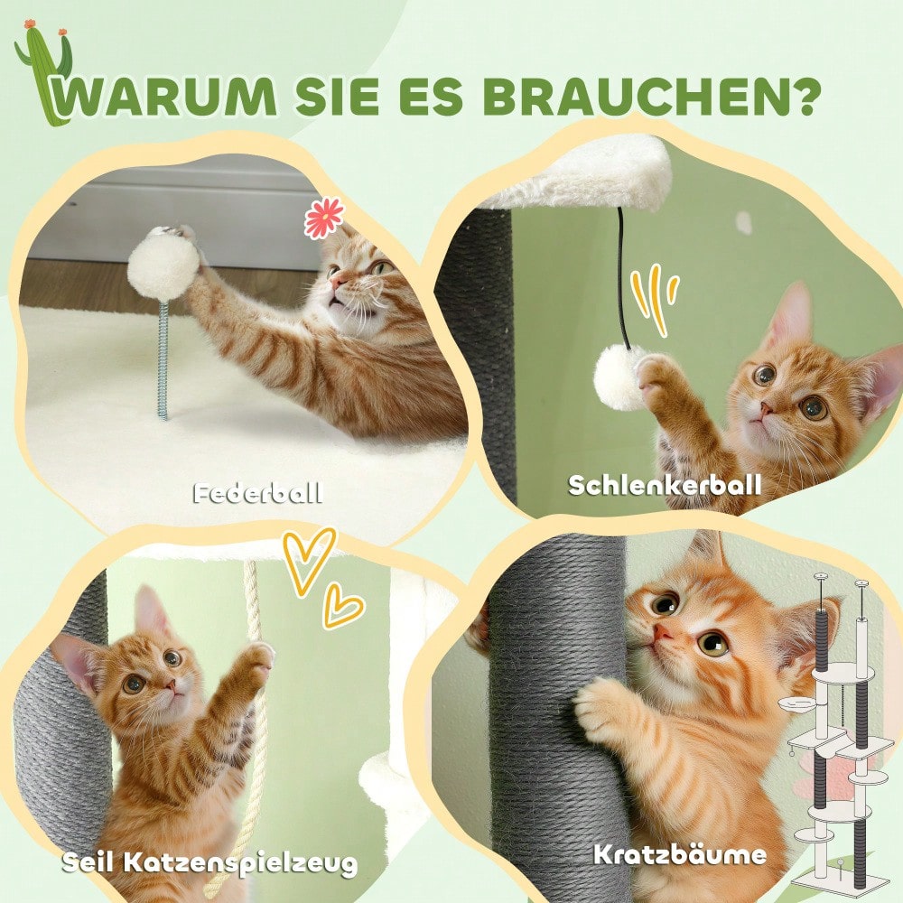 PawHut Kratzbaum Deckenhoch 225-255 cm Höhe, Höhenverstellbarer Katzenbaum mit 2 Hängematten, Kratzstämmen & Spielball, Mit Kippschutz für große Katzen, Weiß