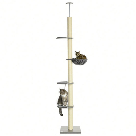 PawHut Kratzbaum Deckenhoch höhenverstellbar 240-260 cm, Mit Sisalstämmen, 2 Hängematten & Liegeflächen, Kratzmöbel mit Kippschutz, Für große Katzen, Grau/Creme