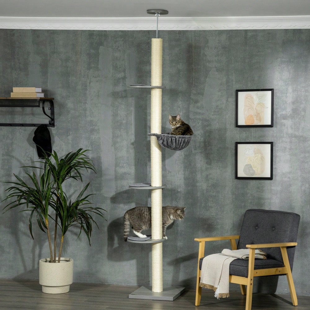 PawHut Kratzbaum Deckenhoch höhenverstellbar 240-260 cm, Mit Sisalstämmen, 2 Hängematten & Liegeflächen, Kratzmöbel mit Kippschutz, Für große Katzen, Grau/Creme