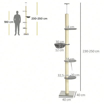 PawHut Kratzbaum Deckenhoch höhenverstellbar 240-260 cm, Mit Sisalstämmen, 2 Hängematten & Liegeflächen, Kratzmöbel mit Kippschutz, Für große Katzen, Grau/Creme