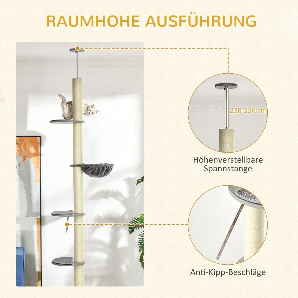 PawHut Kratzbaum Deckenhoch höhenverstellbar 240-260 cm, Mit Sisalstämmen, 2 Hängematten & Liegeflächen, Kratzmöbel mit Kippschutz, Für große Katzen, Grau/Creme