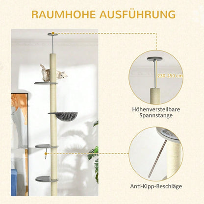 PawHut Kratzbaum Deckenhoch höhenverstellbar 240-260 cm, Mit Sisalstämmen, 2 Hängematten & Liegeflächen, Kratzmöbel mit Kippschutz, Für große Katzen, Grau/Creme