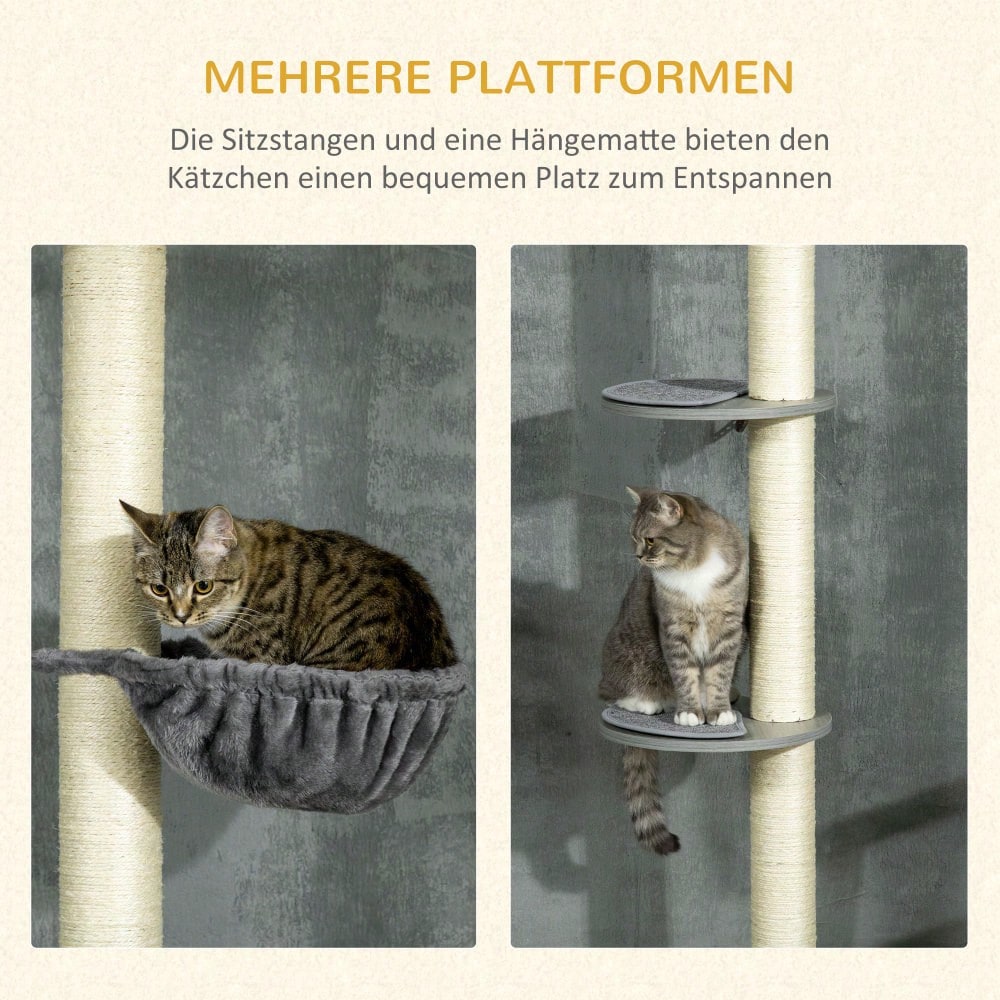 PawHut Kratzbaum Deckenhoch höhenverstellbar 240-260 cm, Mit Sisalstämmen, 2 Hängematten & Liegeflächen, Kratzmöbel mit Kippschutz, Für große Katzen, Grau/Creme