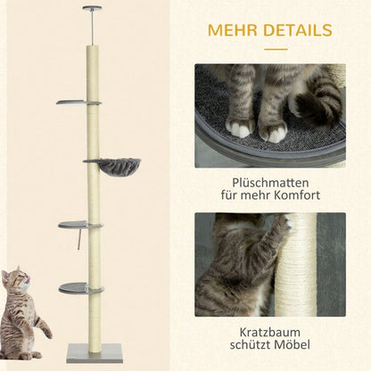 PawHut Kratzbaum Deckenhoch höhenverstellbar 240-260 cm, Mit Sisalstämmen, 2 Hängematten & Liegeflächen, Kratzmöbel mit Kippschutz, Für große Katzen, Grau/Creme