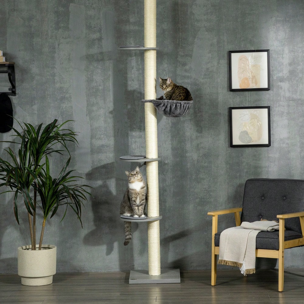 PawHut Kratzbaum Deckenhoch höhenverstellbar 240-260 cm, Mit Sisalstämmen, 2 Hängematten & Liegeflächen, Kratzmöbel mit Kippschutz, Für große Katzen, Grau/Creme