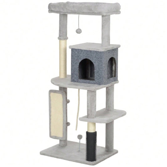 PawHut Katzenbaum 132 cm mit Schlafhaus, Kratzsäulen & Sprungbrett, Kratzmöbel mit Pflegebürste & Liegefläche, Für kleine Katzen, Hellgrau