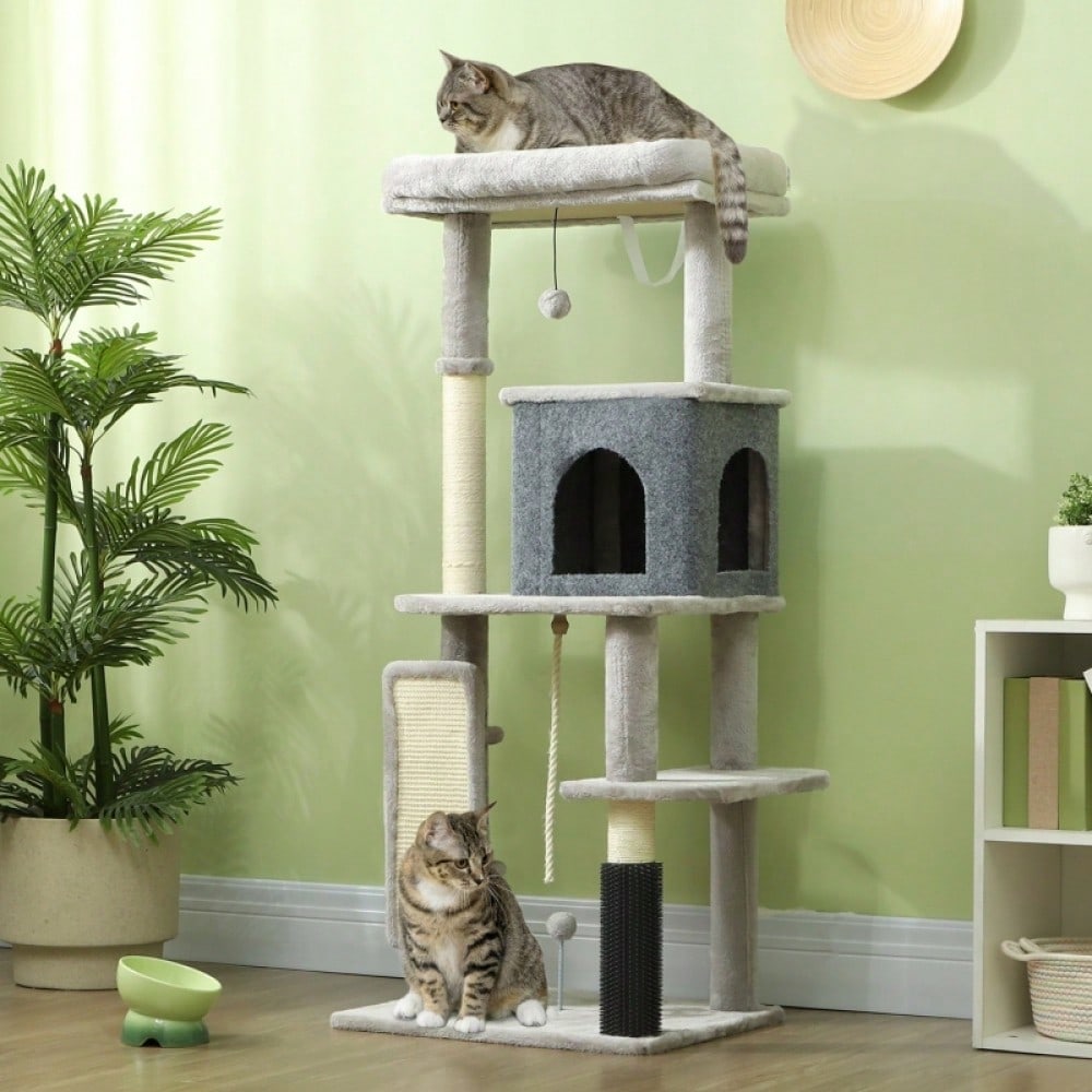 PawHut Katzenbaum 132 cm mit Schlafhaus, Kratzsäulen & Sprungbrett, Kratzmöbel mit Pflegebürste & Liegefläche, Für kleine Katzen, Hellgrau